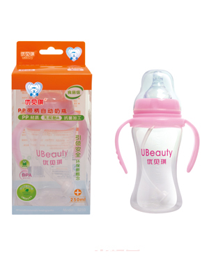 優貝琪PP寬口帶柄自動奶瓶250ml