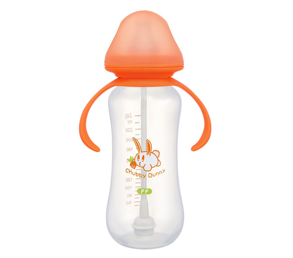 丘比兔寬口徑葫蘆型自動把手橙色PP奶瓶240ml