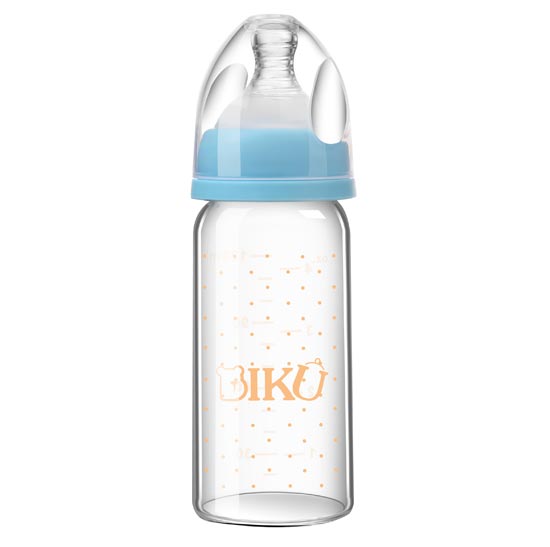 比酷熊嬰幼兒無手柄玻璃奶瓶藍色300ML