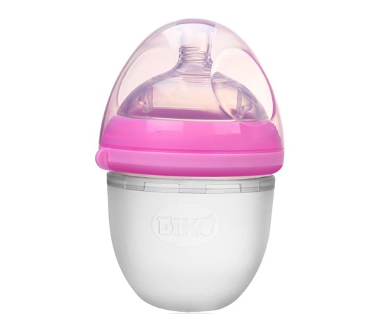 比酷熊超寬口硅膠奶瓶玫紅色