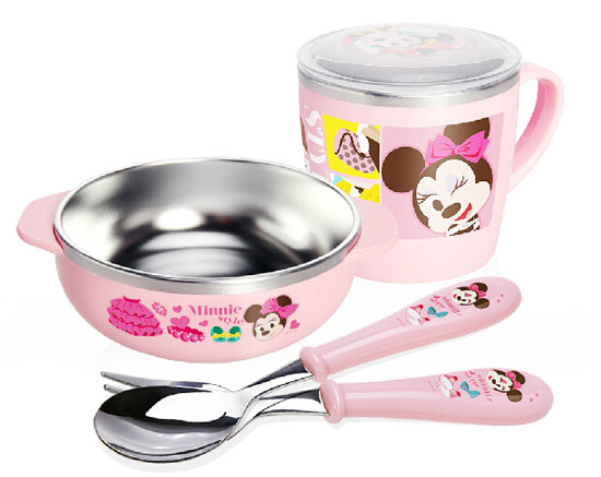 迪士尼兒童餐具不銹鋼碗勺叉水杯4件套粉色